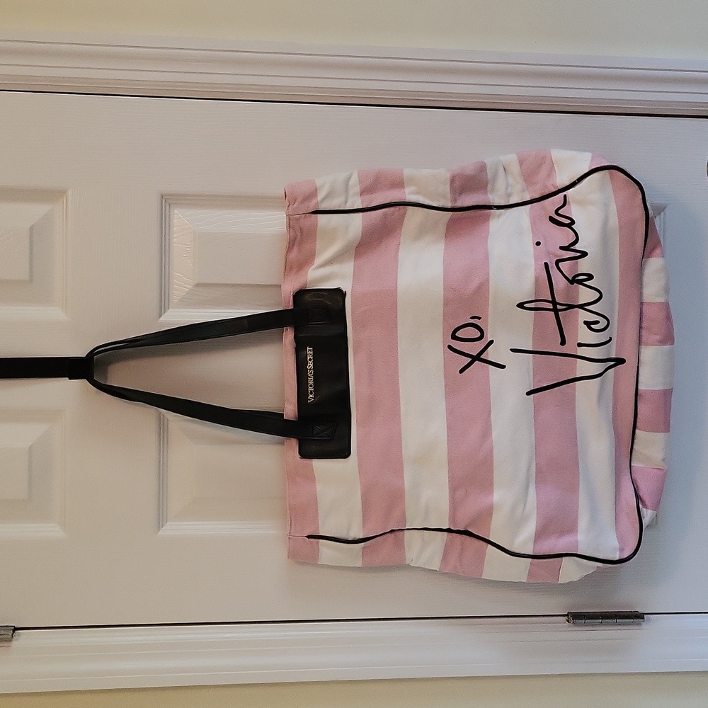 Victoria's Secret pink & white striped tote bag